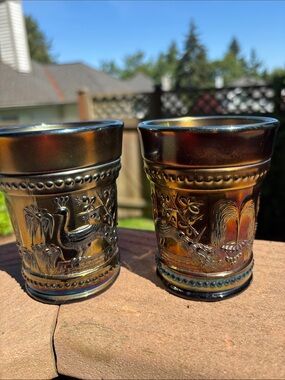 Iridescent Carnival Glass Tumbler Pair with Bird Motif - Amber